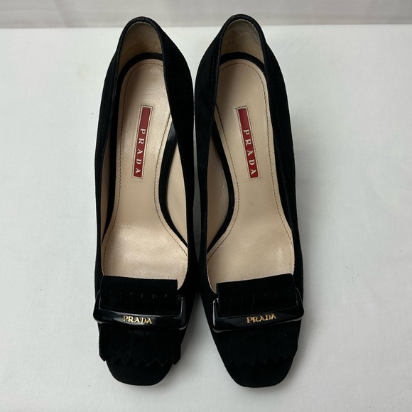 Prada Logo Black Suede Square Toe Block Heels Pumps size 38.5 - Picture 3 of 9